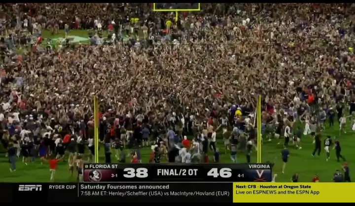 Virginia football fans erupted in celebration, storming the field after a stunning upset victory over Florida State. The thrilling win sent the crowd into a frenzy, creating one of the most electric moments of the college football season. Supporters flooded the turf, chanting and cheering wildly, as the underdog Cavaliers toppled the favored Seminoles. This unexpected triumph sparked a memorable scene of pure joy and disbelief, marking a historic night for Virginia’s program and its passionate fanbase.