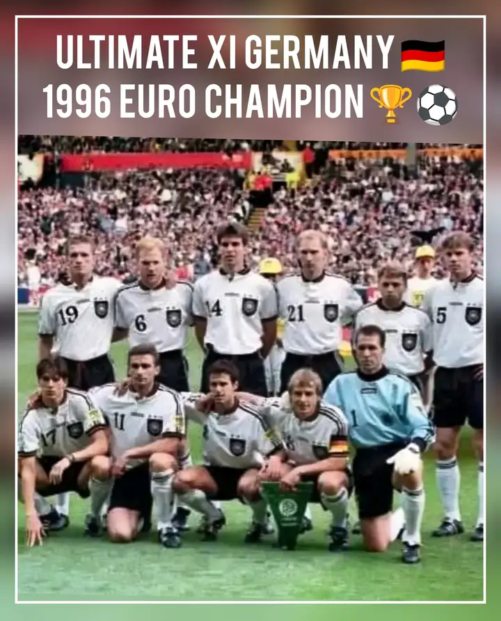 ULTIMATE XI – Germany’s 1996 Euro Champions! A golden generation that defined resilience, teamwork, and class! Led by captain Jürgen Klinsmann, this legendary lineup featured heroes like Matthias Sammer, Mehmet Scholl, Thomas Häßler, and Andreas Köpke in goal. ⚽ Their unity, discipline, and fighting spirit powered Germany to European glory — a triumph remembered as one of the most iconic moments in football history. True legends, eternal champions! ❤️