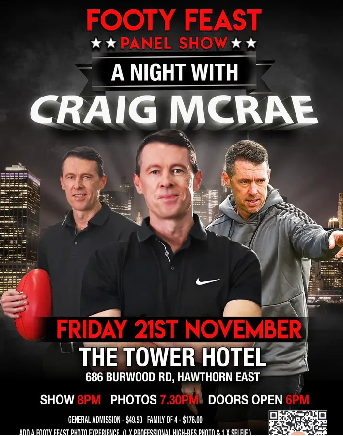 COLLINGWOOD FANS, THIS IS YOUR NIGHT! “A Night with Craig McRae – LIVE at Tower Hotel!” ⚡ Join the Magpies’ mastermind, Craig “Fly” McRae, on Friday, 21st November 2025, for an unforgettable evening of laughter, revelation, and raw insight into the Pies’ incredible 2025 journey. Hear untold stories, enjoy live Q&As, exclusive memorabilia, and your chance to meet Craig in person! Only 150 seats available — memories, magic, and Magpie pride await! BOOK NOW!