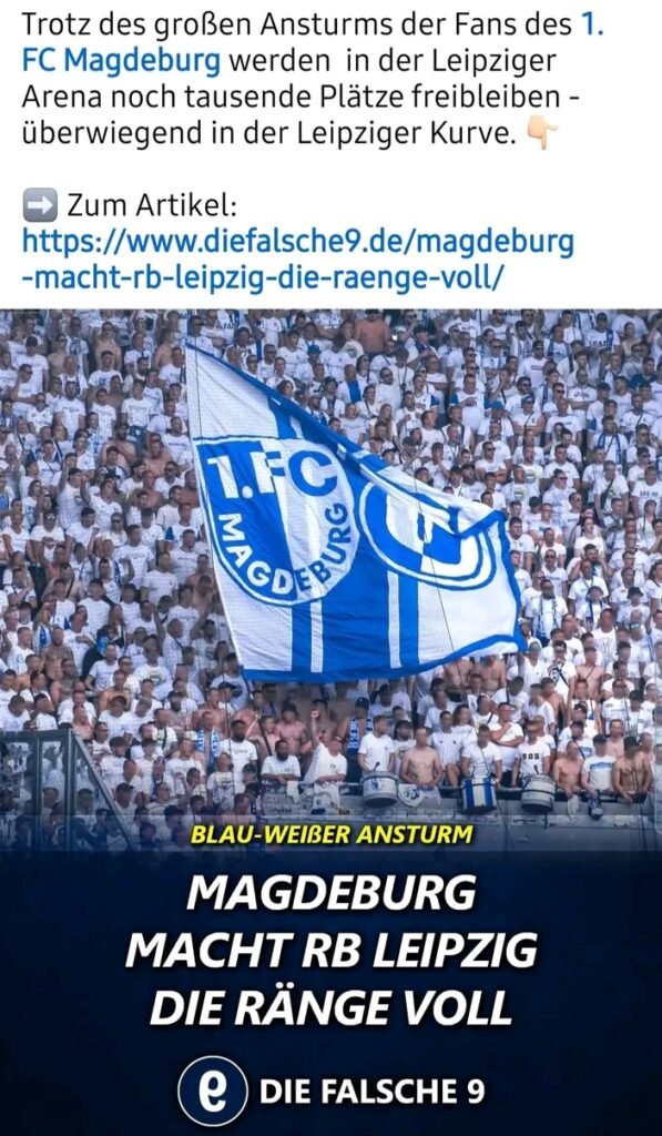 Die Aussage spielt scherzhaft darauf an, dass ohne die lautstarke Unterstützung aus Magdeburg kaum Atmosphäre vorhanden wäre. Gleichzeitig wird provokant ergänzt, dass die RB-Fans angeblich nicht zahlreich erscheinen, weil sie „alle arbeiten müssen“. Insgesamt entsteht ein ironischer, leicht spöttischer Kommentar über fehlende Fankultur, geringe Präsenz und eine Stimmung, die ausschließlich durch die Auswärtsfans getragen scheint.