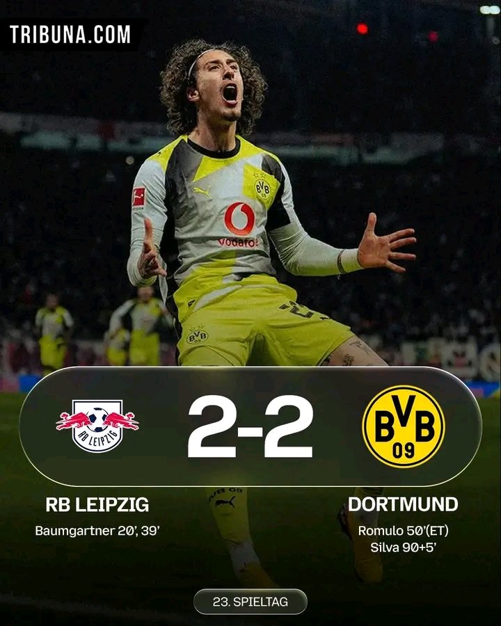 Das Duell zwischen RB Leipzig und Borussia Dortmund war eine echte Achterbahnfahrt der Gefühle 💥. Nach einem frühen Doppelschlag von Leipzig kämpfte sich Dortmund mit großer Moral zurück ins Spiel. Leidenschaft, Tempo und Spannung prägten die gesamte Partie. Besonders in der Schlussphase zeigte der BVB Charakter und rettete sich mit einem späten Treffer zum verdienten 2:2. Ein intensives Bundesliga-Spiel, das bis zur letzten Minute für Gänsehaut sorgte.
