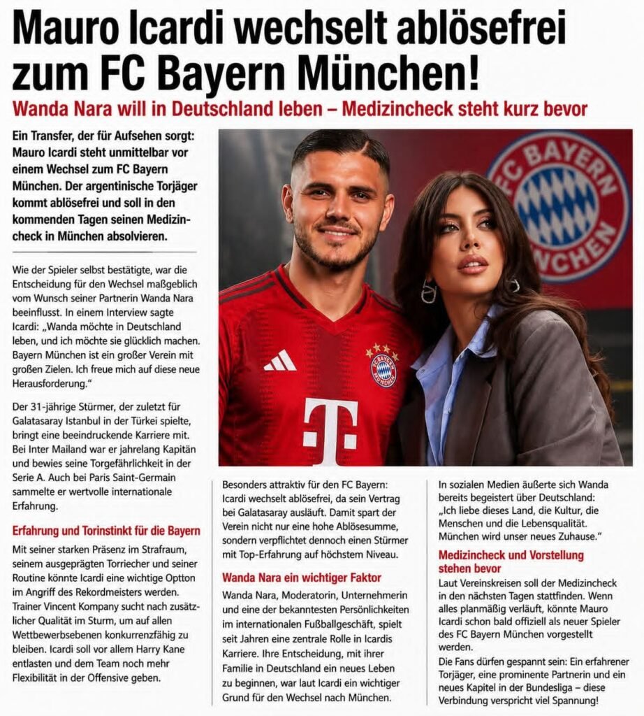 Mauro Icardi steht angeblich vor einem Wechsel zum FC Bayern München. Berichten zufolge spielen dabei nicht nur sportliche Gründe, sondern auch private Motive eine wichtige Rolle. Die Liebe soll den argentinischen Stürmer nach München führen. Eine offizielle Bestätigung des Transfers steht derzeit jedoch noch aus.