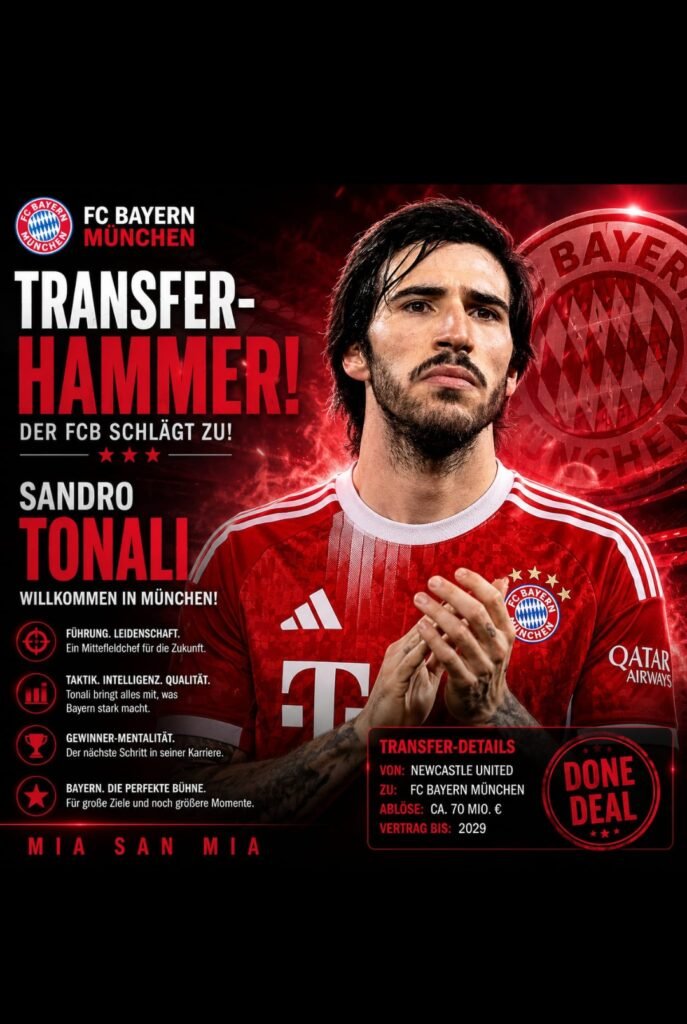 🔔💣 Transfer-Poker um Sandro Tonali: FC Bayern München prüft spektakulären Mittelfeld-Coup Der FC Bayern München sorgt erneut für Schlagzeilen auf dem europäischen Transfermarkt. Im Mittelpunkt der aktuellen Spekulationen steht der italienische