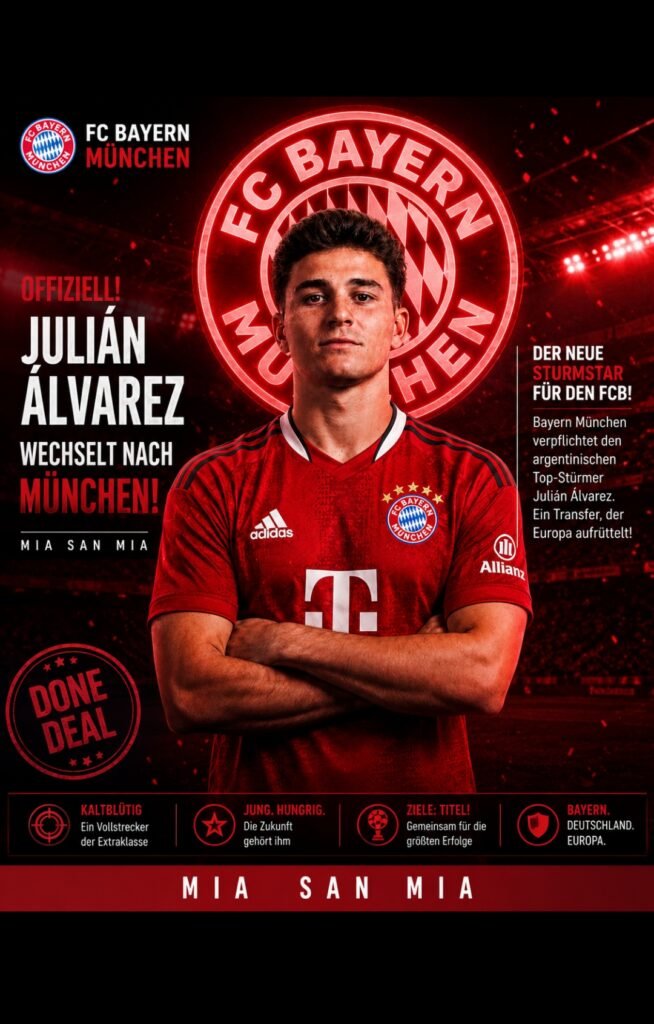 🚨 MEGA-COUP IN MÜNCHEN! Bayern schnappt sich Julián Álvarez – Europas Elite bleibt fassungslos München – Der FC Bayern München hat auf dem Transfermarkt ein echtes Ausrufezeichen gesetzt. Nach wochenlangen Spekulationen ist es nun offiziell: Julián Álvarez wechselt zum deutschen Rekordmeister. Der argentinische Weltmeister gilt