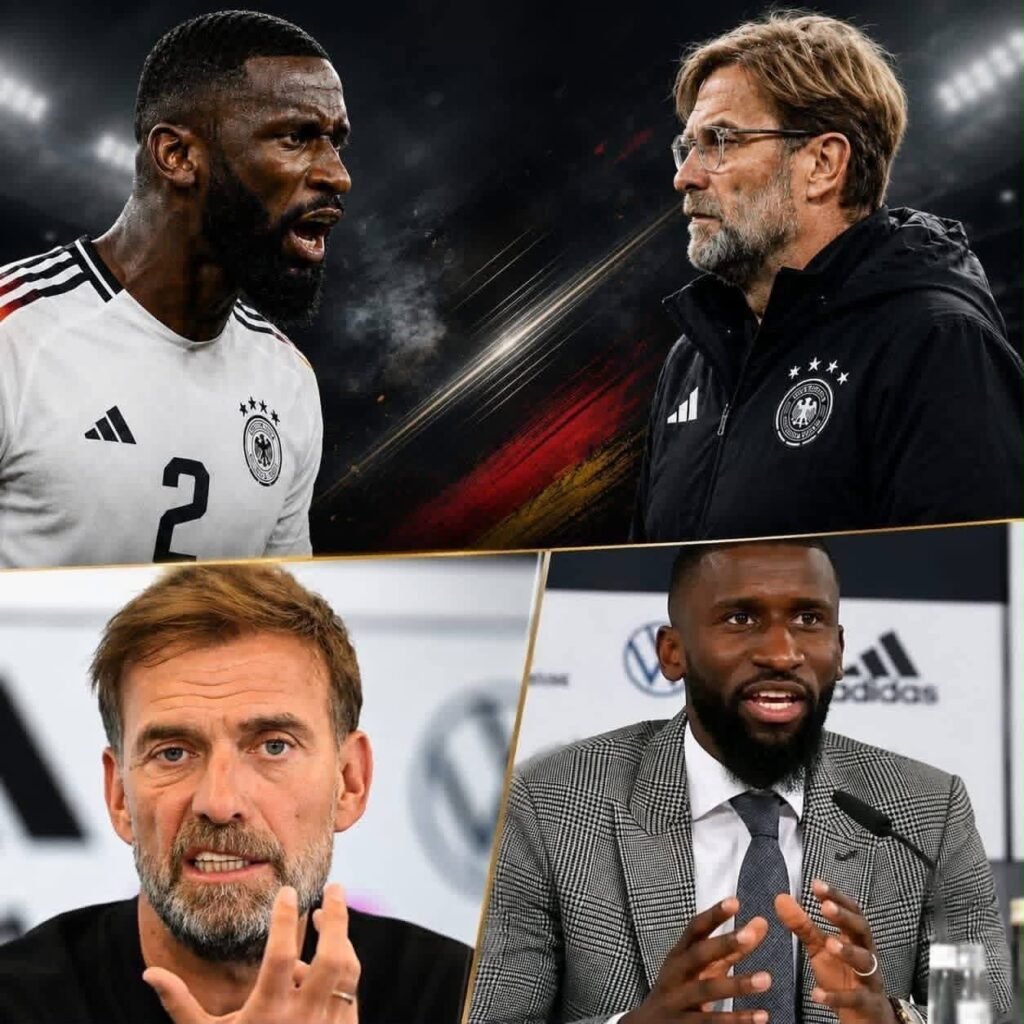 🚨🚨 EXPLOSION IN DEUTSCHLAND! Antonio Rüdiger soll Jürgen Klopp vorgeworfen haben, ihm nicht die Wertschätzung und Anerkennung entgegenzubringen, die er verdient. Zudem soll er behauptet haben, dass er unter dem neuen Bundestrainer nicht mehr Teil der langfristigen Pläne der deutschen Nationalmannschaft sei. Der angebliche Konflikt hat für beispiellose Spannungen gesorgt, während die Frustration des Abwehrstars ihren Höhepunkt erreicht und die deutsche Fußballwelt erschüttert.….